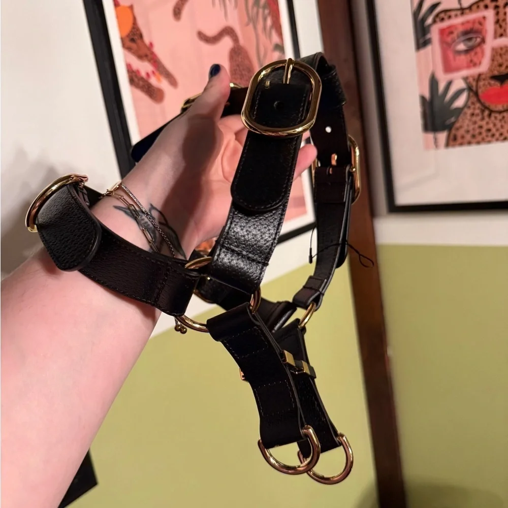 Gucci NWOT Demetra leather Black  Harness with Gold Accents